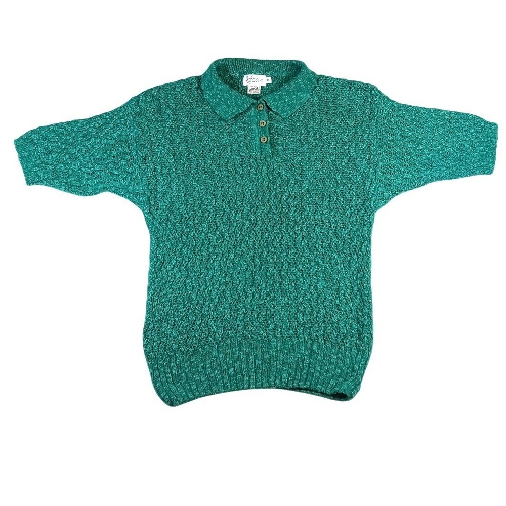 Vintage Rafaella Women's Green Textured Knit Polo Shirt Short Sleeve Size M